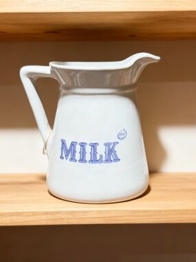 Hanes White Ceramic Pitcher with Blue MILK Lettering